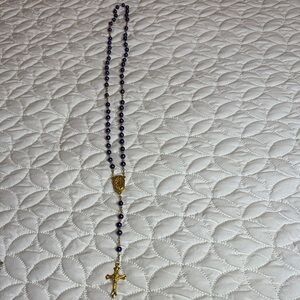 INRI Gold Tone and Blue Beaded Rosary Necklace with Cross Pendant